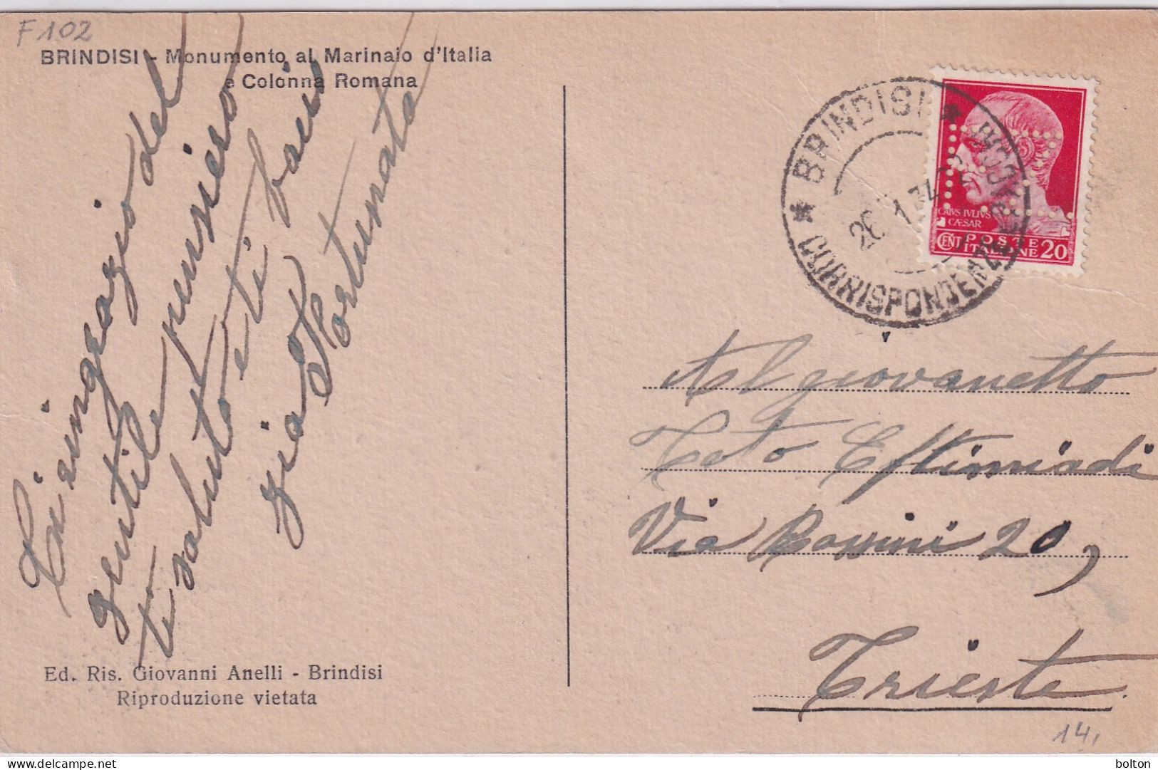 1934 Bella Cartolina Di Brindisi Affrancata Con 20c Imperiale PERFIN Perforato F.Z.   Francesco Zaccaria   Molto Raro - Storia Postale