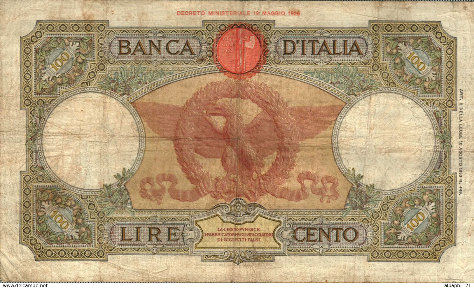 100 LIRE CAPRANESI AQUILA ROMANA FASCIO ROMA - 100 Liras