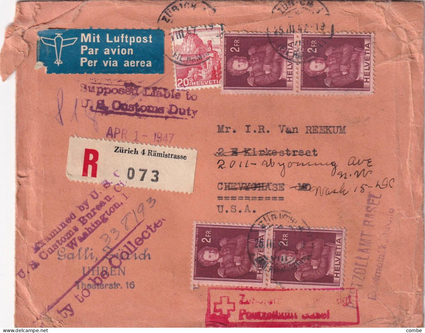 LETTRE. SUISSE. RECOMMANDE PAR AVION. ZURICH POUR USA. NOMBREUX CACHETS. ZURICH, BASEL, US - Briefe U. Dokumente