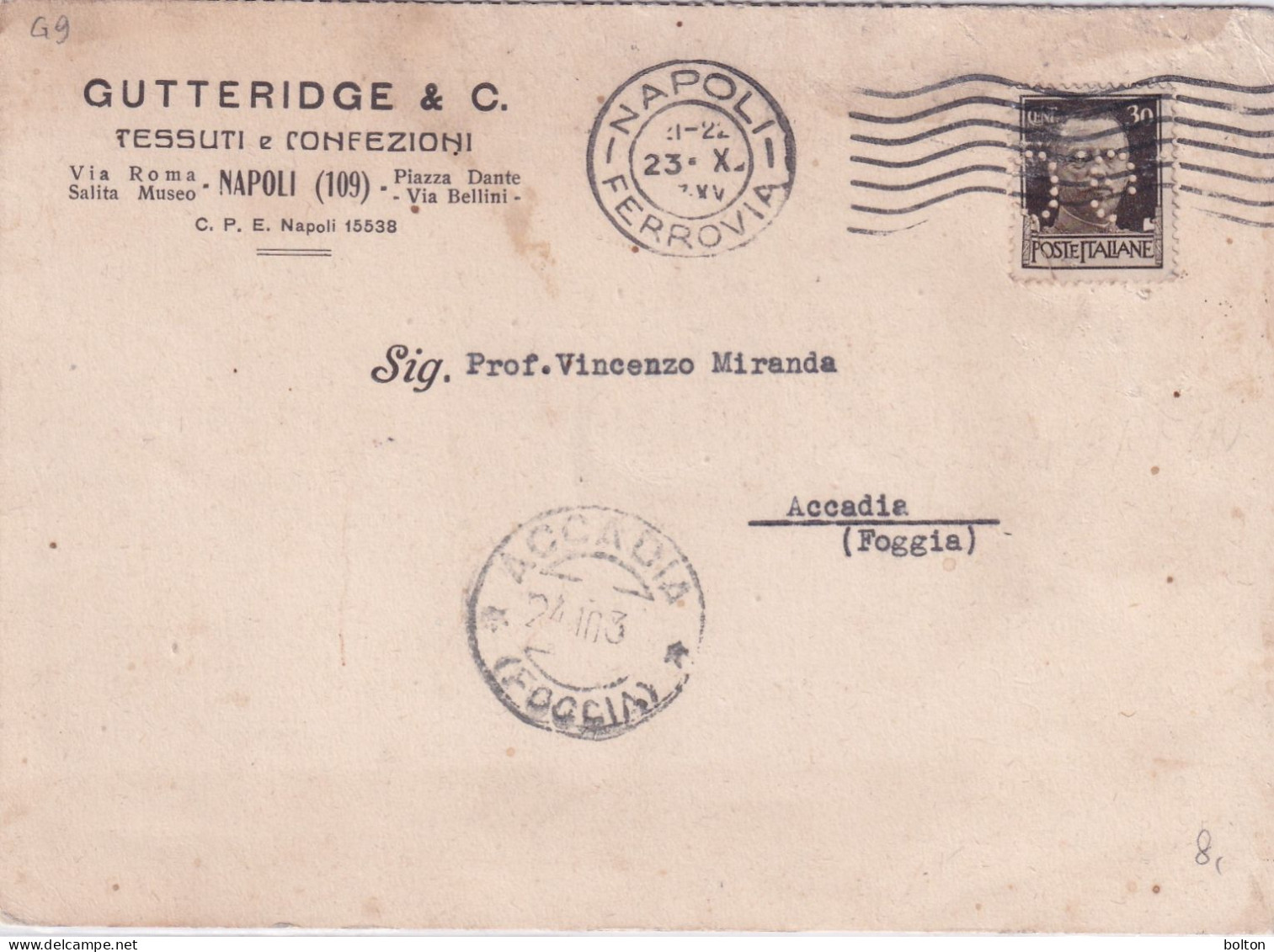 1937 Cartolina Da Napoli Affrancata Con 30c Imperiale PERFIN Perforato GC  Gutteridge & C   Raro - Marcophilie