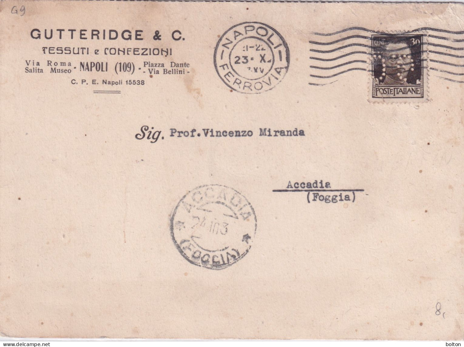 1937 Cartolina Da Napoli Affrancata Con 30c Imperiale PERFIN Perforato GC  Gutteridge & C   Raro - Storia Postale