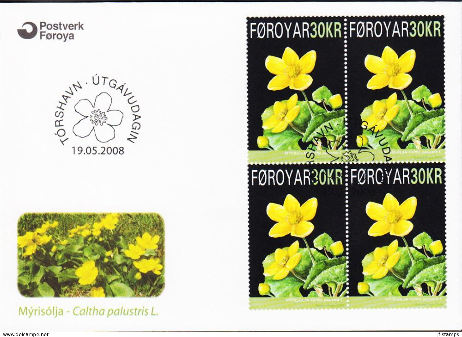 2008. FØROYAR National Flower (Caltha Palustris) In 4block On FDC. (MICHEL 646) - JF544726 - Färöer Inseln