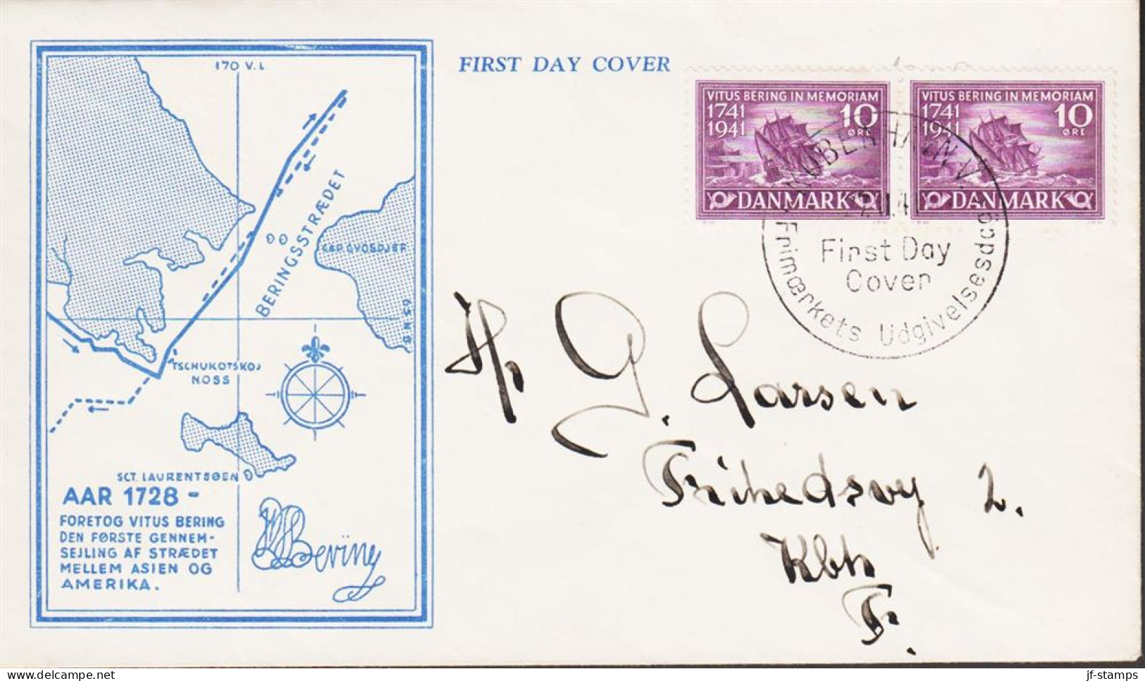 1941. DANMARK. VITUS BERING Pair 10 ØRE On FDC KØBENHAVN 27.11.41. Beautiful Cachet With The ... (Michel 266) - JF544729 - FDC