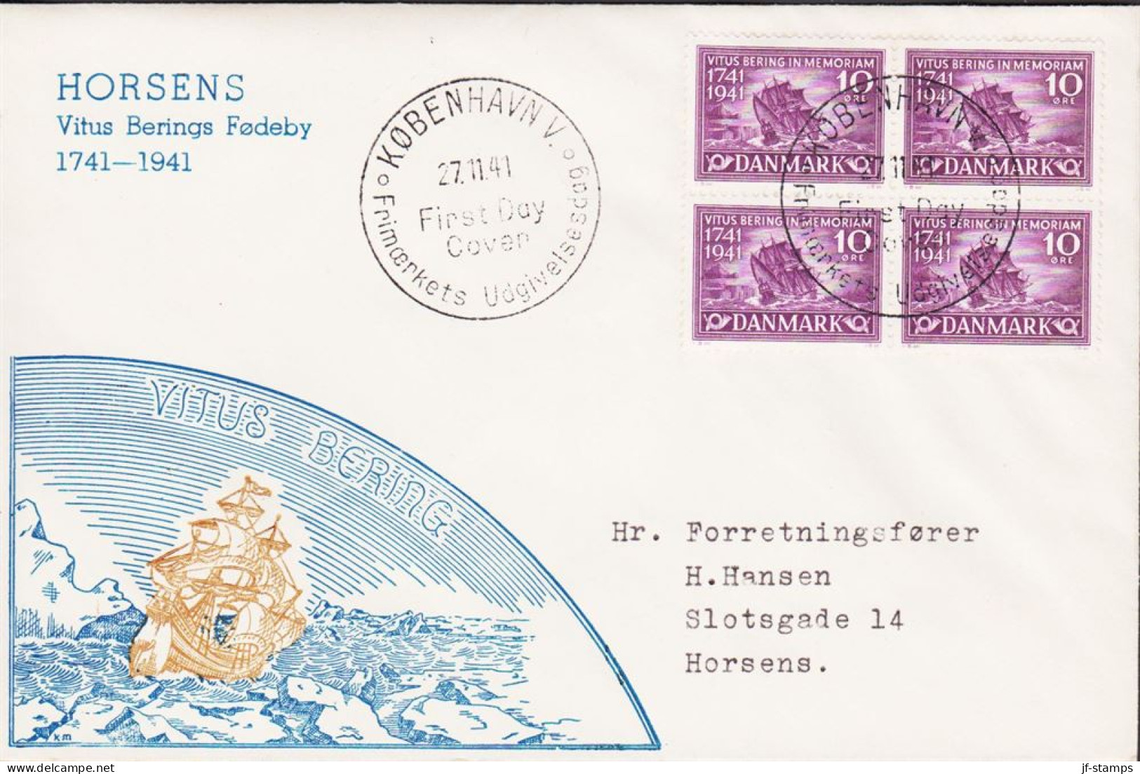 1941. DANMARK. VITUS BERING 10 ØRE In 4BLOCK On FDC KØBENHAVN 27.11.41. Beautiful Cachet With... (Michel 266) - JF544730 - FDC