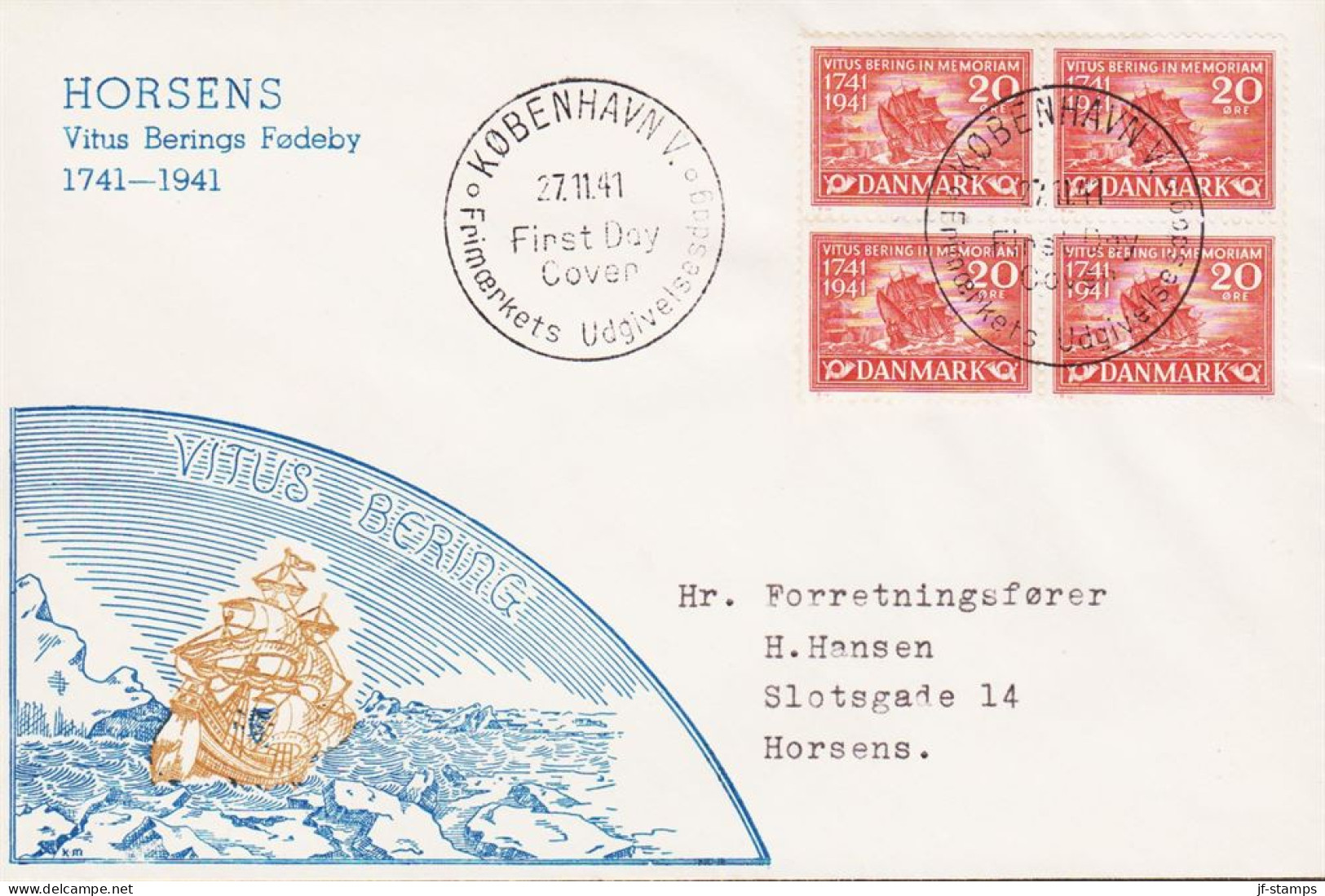 1941. DANMARK. VITUS BERING 20 ØRE In 4BLOCK On FDC KØBENHAVN 27.11.41. Beautiful Cachet With... (Michel 267) - JF544731 - FDC