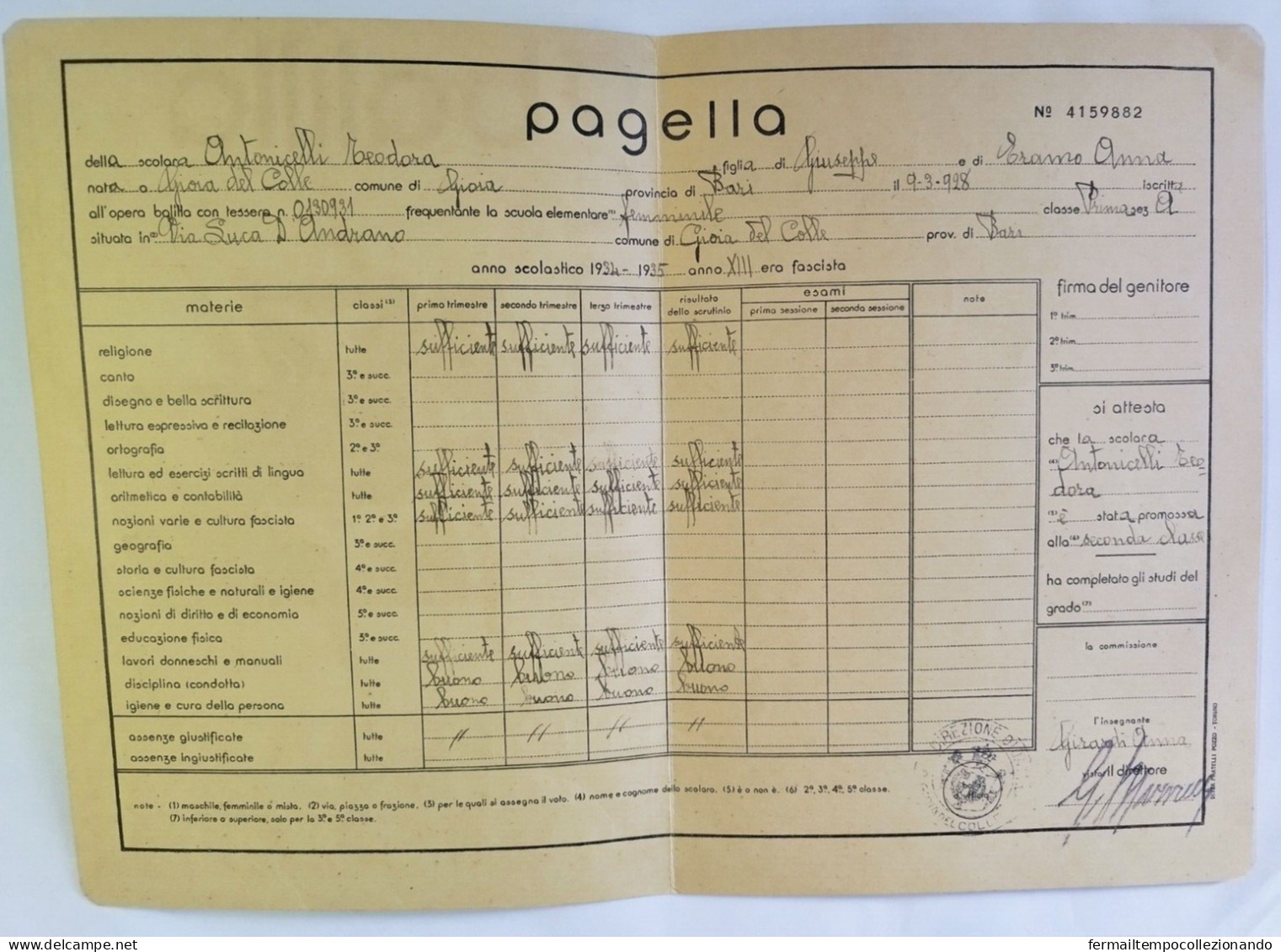 Bp149 Pagella Fascista Regno D'italia Opera Balilla Gioa Del Colle Bari - Diplomi E Pagelle