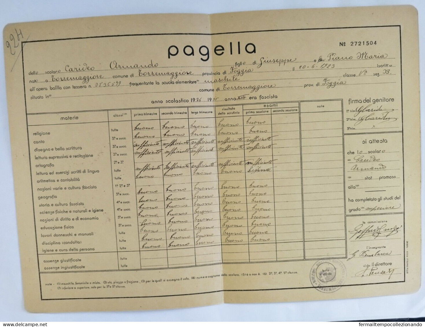 Bp151 Pagella Fascista Regno D'italia Opera Balilla Torremaggiore Foggia - Diploma's En Schoolrapporten