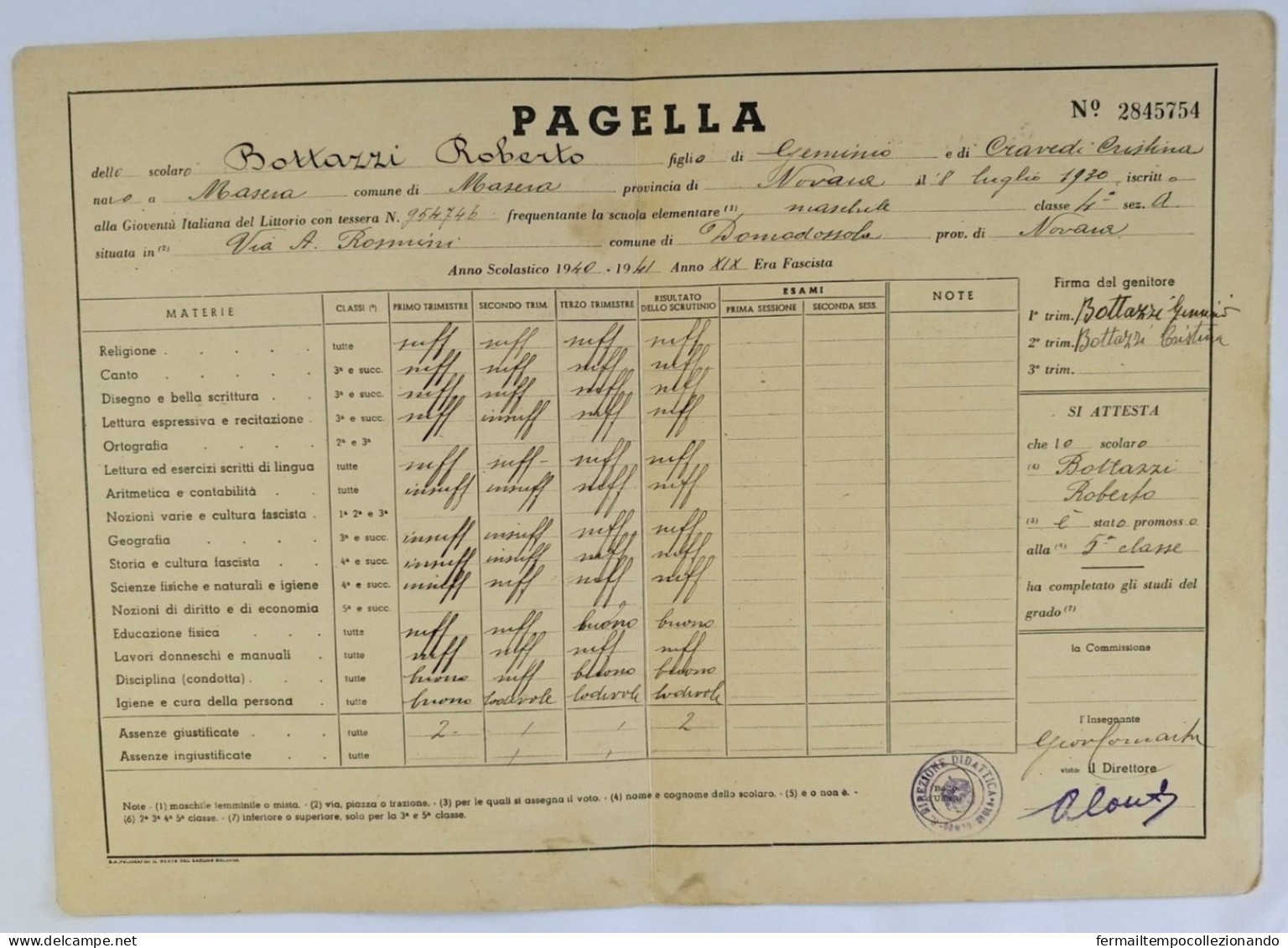 Bp154 Pagella Fascista Regno D'italia Opera Balilla Masera Verbania - Diplômes & Bulletins Scolaires