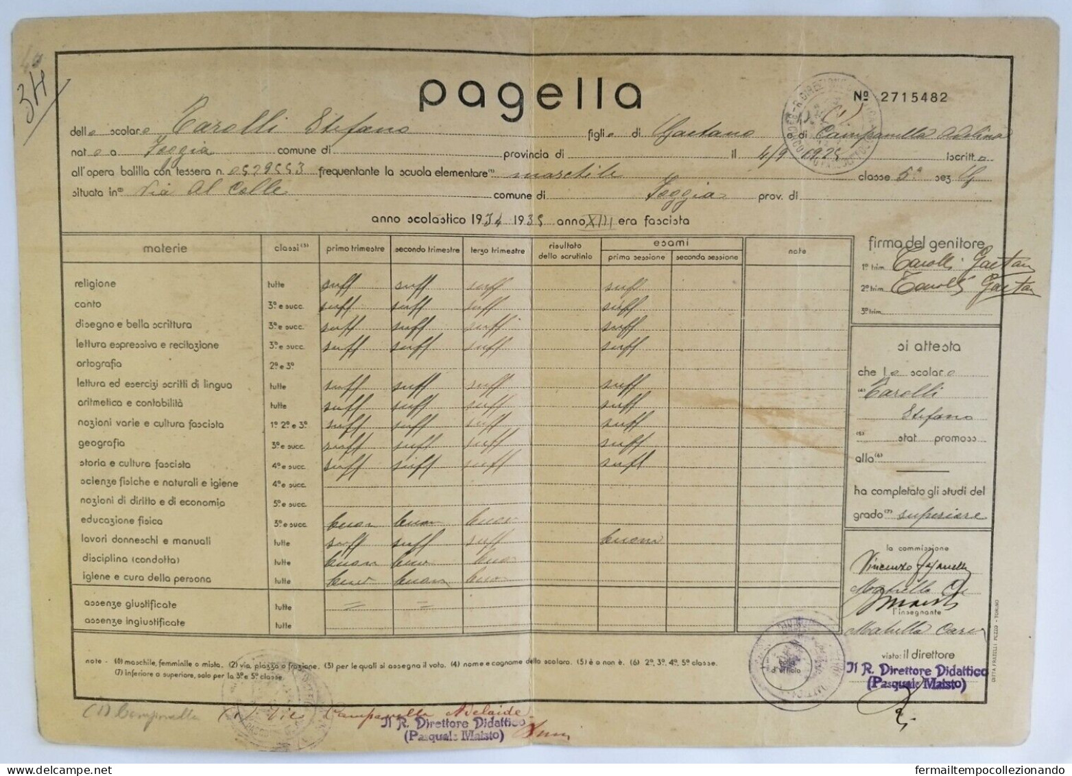 Bp153 Pagella Fascista Regno D'italia Opera Balilla Foggia 1935 - Diploma & School Reports