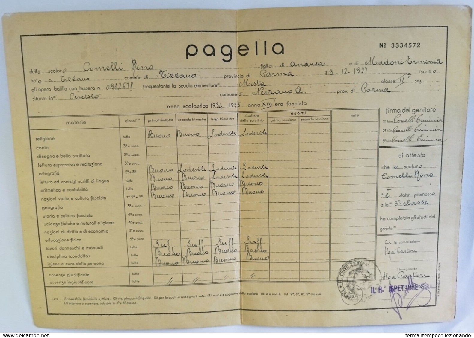 Bp152 Pagella Fascista Regno D'italia Opera Balilla Tizzano Parma 1935 - Diploma's En Schoolrapporten