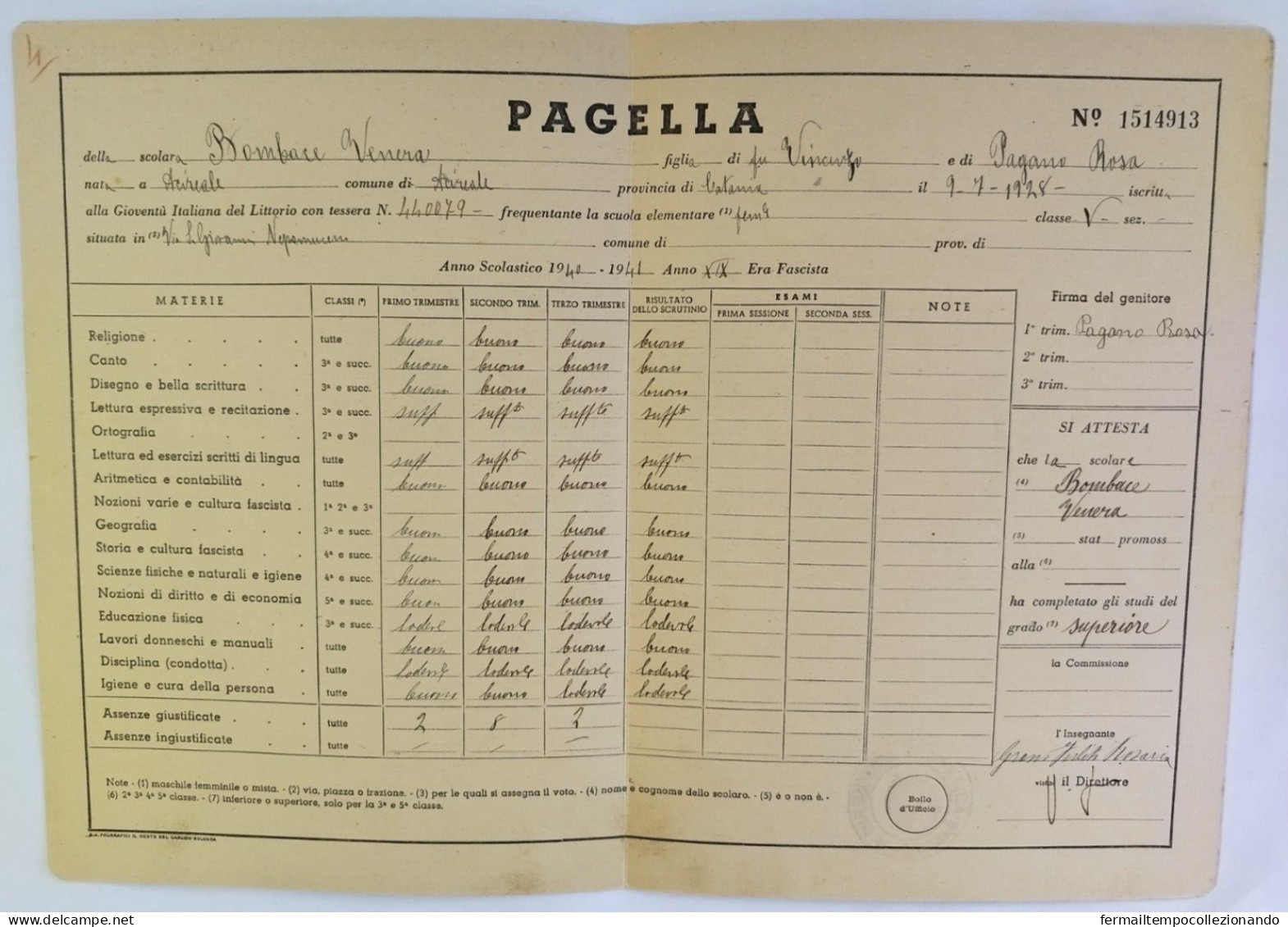 Bp155 Pagella Fascista Regno D'italia Opera Balilla Acireale Catania - Diplomi E Pagelle