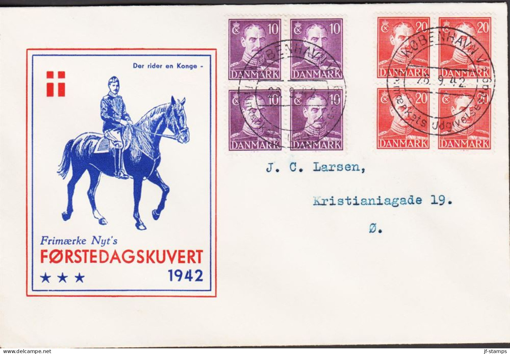 1942. DANMARK. CHRISTIAN X 10 + 20 ØRE In 4blocks On FDC KØBENHAVN 29.9.42.  Fine Cachet:... (Michel 269+271) - JF544736 - FDC