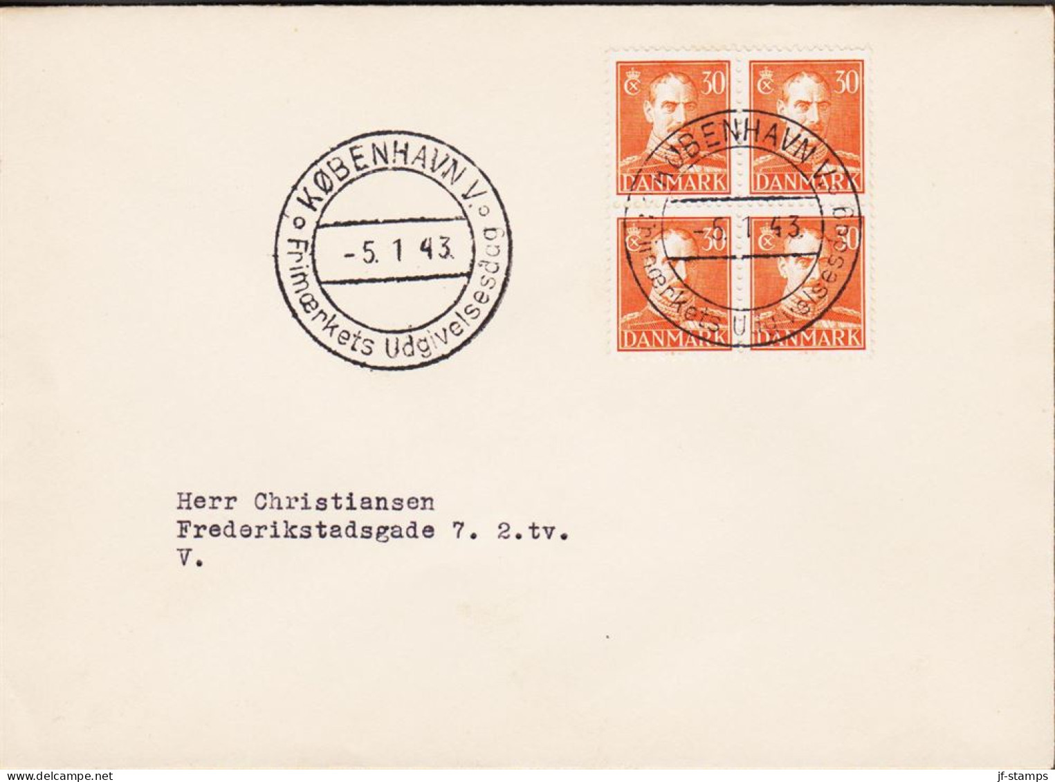 1943. DANMARK. CHRISTIAN X 30 ØRE In 4block On FDC KØBENHAVN 5.1.43.   (Michel 273) - JF544742 - FDC