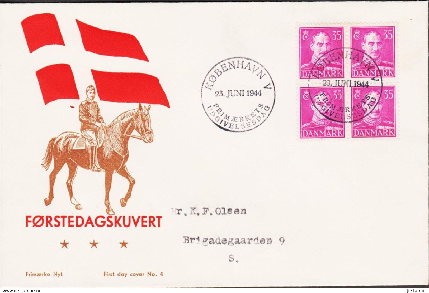 1944. DANMARK. CHRISTIAN X 35 ØRE In 4block On FDC KØBENHAVN 23. JUNI 1944. Fine Cachet With ... (Michel 274) - JF544744 - FDC