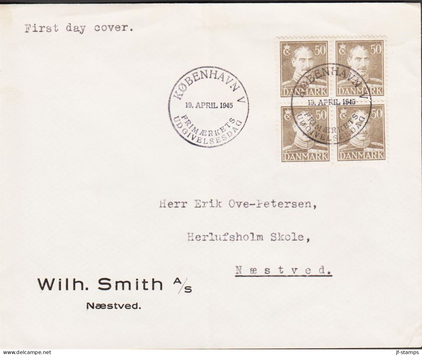 1945. DANMARK. CHRISTIAN X 50 ØRE In 4block On FDC KØBENHAVN 19. APRIL 1945.   (Michel 276) - JF544750 - FDC