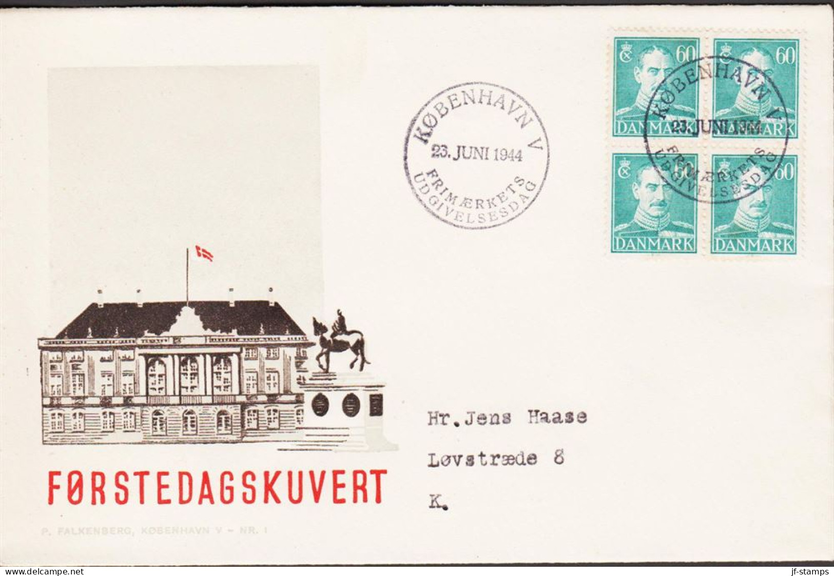 1944. DANMARK. CHRISTIAN X 60 ØRE In 4block On FDC KØBENHAVN 23. JUNI 1944. Fine Cachet With ... (Michel 277) - JF544752 - FDC