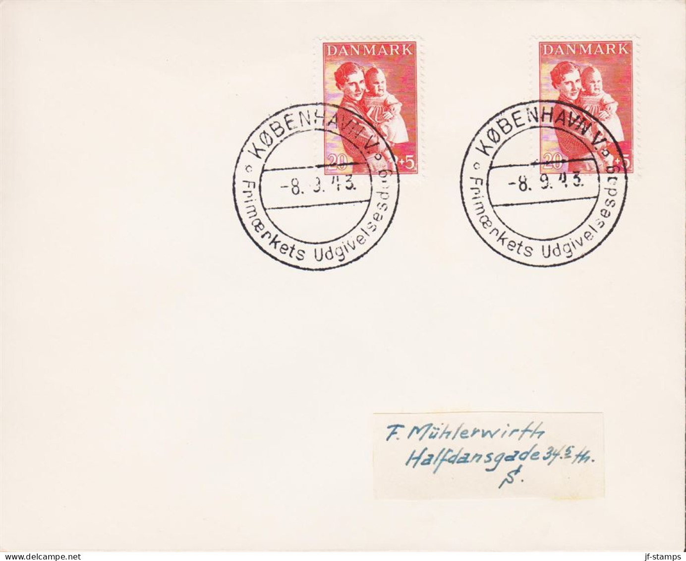 1943. DANMARK. Ingrid And Margrethe 2 Ex 20+5 ØRE On FDC KØBENHAVN 8.9.43.   (Michel 279) - JF544753 - FDC