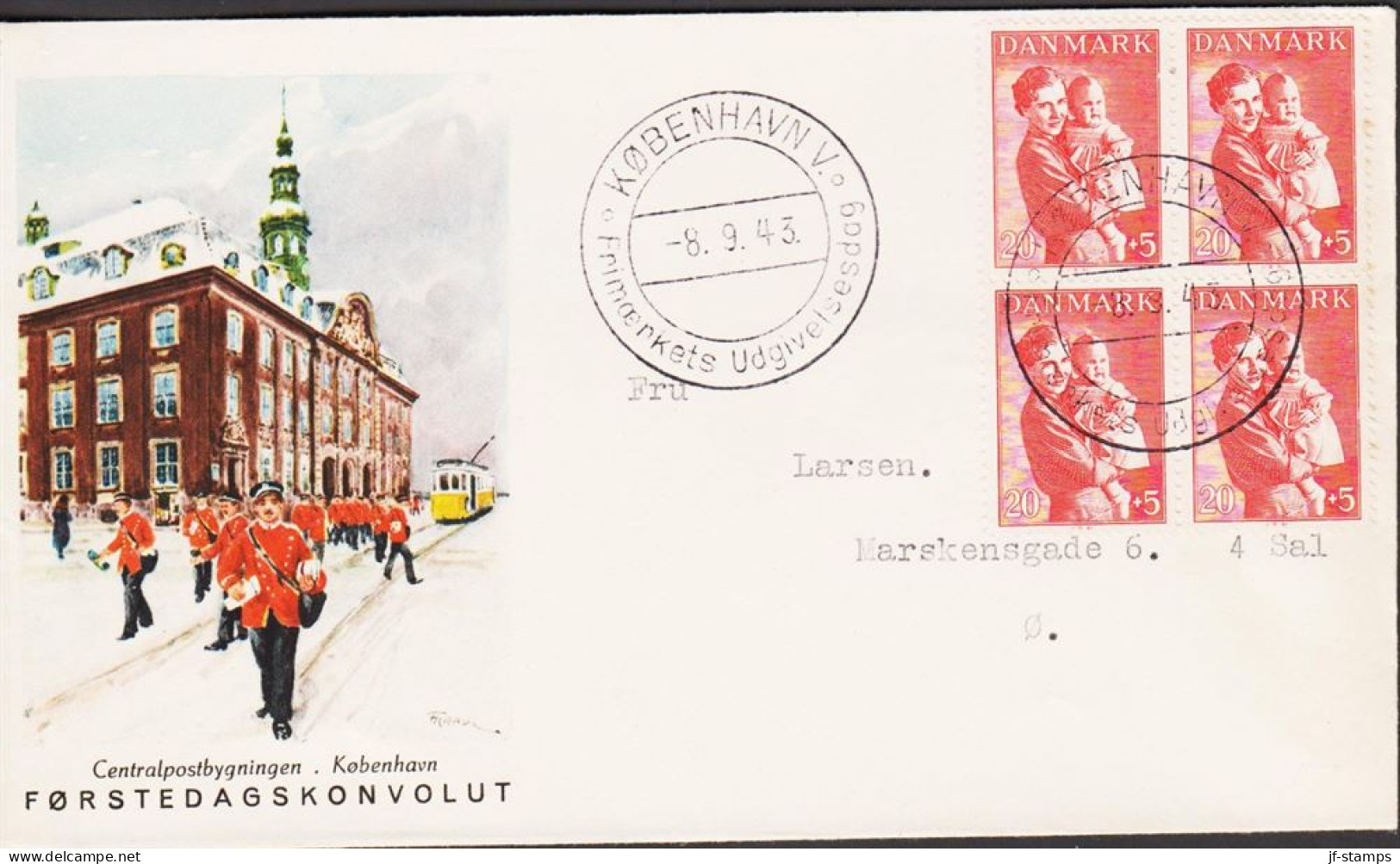 1943. DANMARK. Ingrid And Margrethe 20+5 ØRE In 4block On FDC KØBENHAVN 8.9.43.  Fine Cachet ... (Michel 279) - JF544754 - FDC