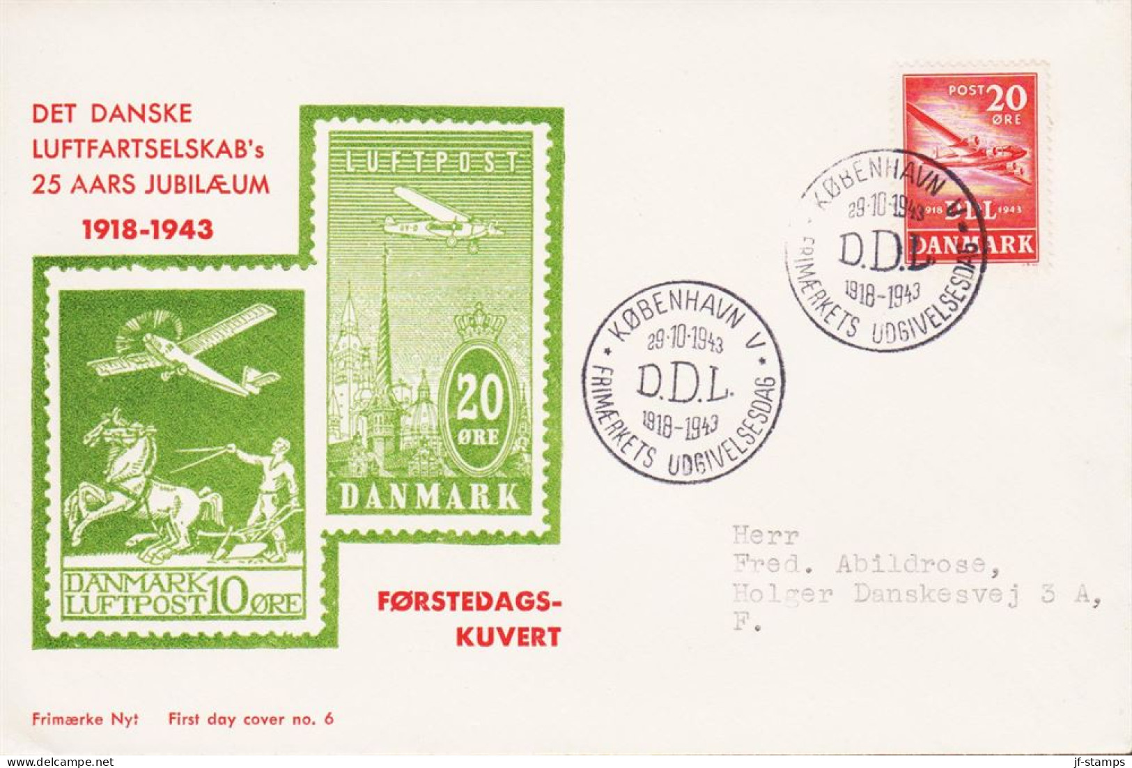 1943. DANMARK. DDL Focke-Wulf FW 200 C „Condor“ 20 ØRE On FDC KØBENHAVN 29.10.1943.  Fine Cac... (Michel 280) - JF544755 - FDC