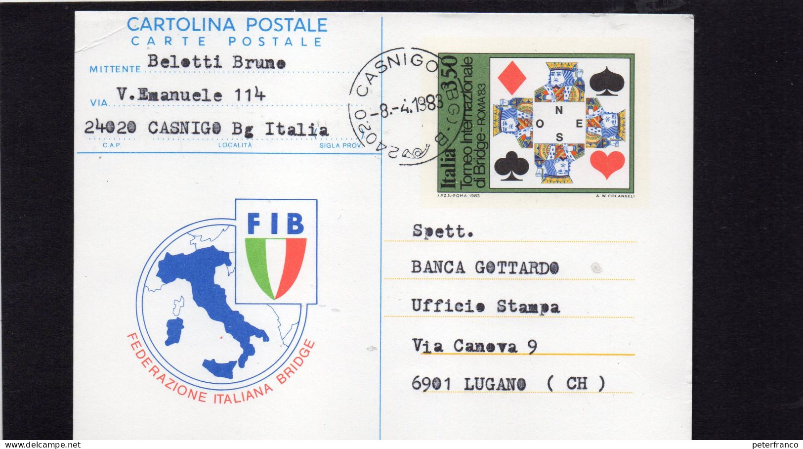 1983 Italia - Torneo Int. Di Bridge - Roma - Stamped Stationery