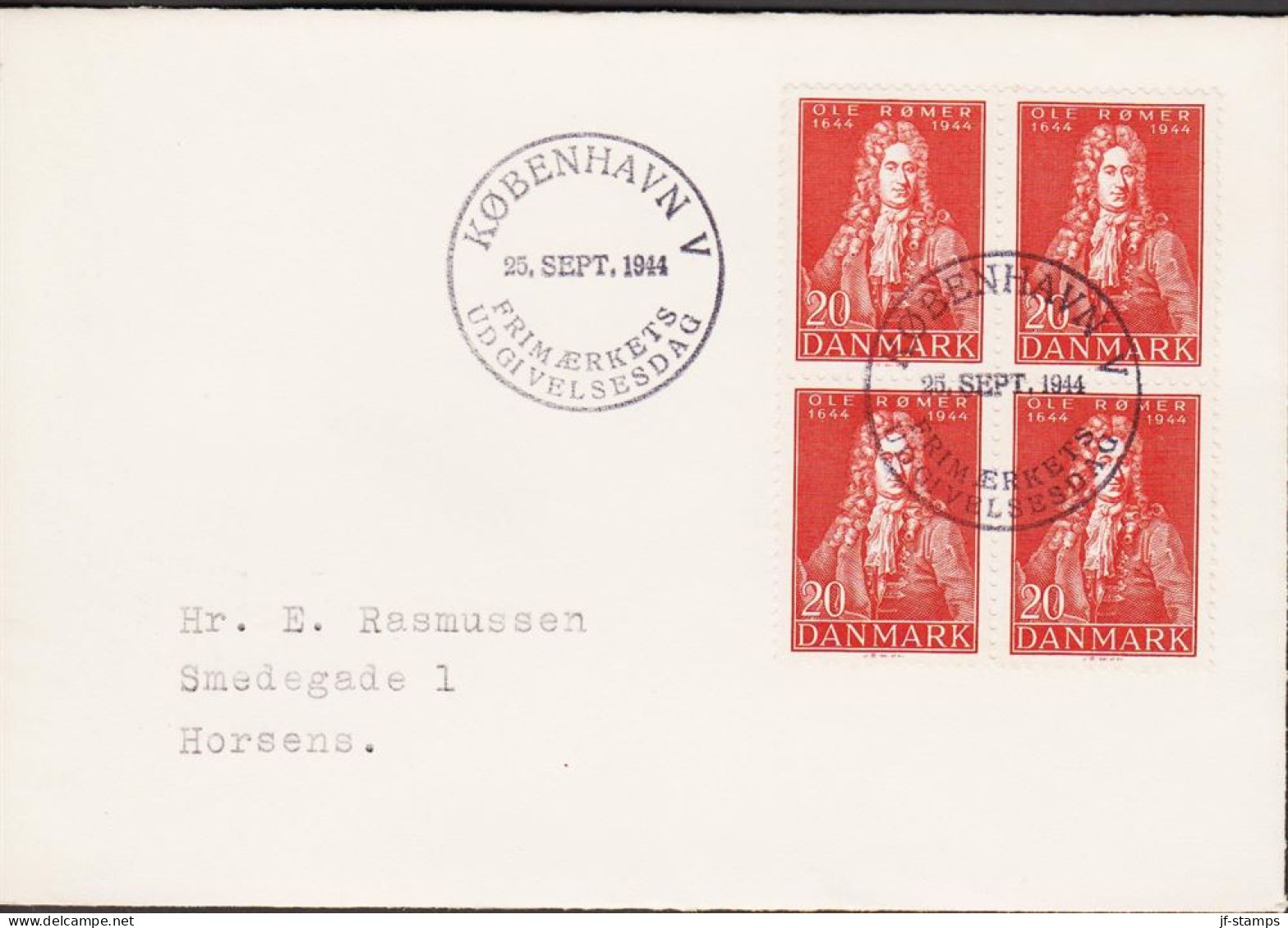 1944. DANMARK. OLE RØMER 20 ØRE In 4block On FDC KØBENHAVN 25. SEPT. 1944.  (Michel 285) - JF544761 - FDC