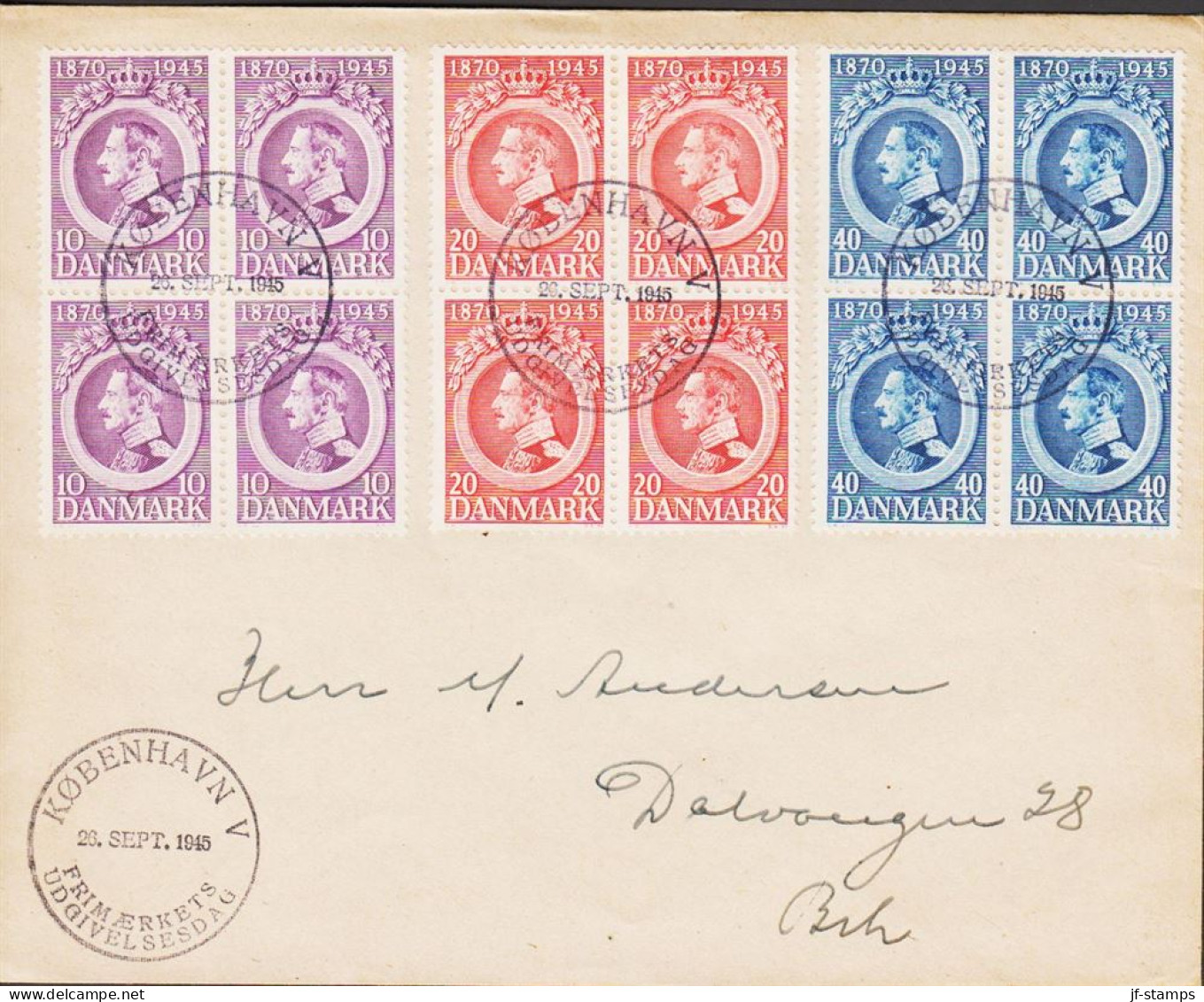 1945. DANMARK. Christian X 75 YEARS In Complete Set In 4blocks On FDC KØBENHAVN 26. SEPT.... (Michel 286-288) - JF544763 - FDC