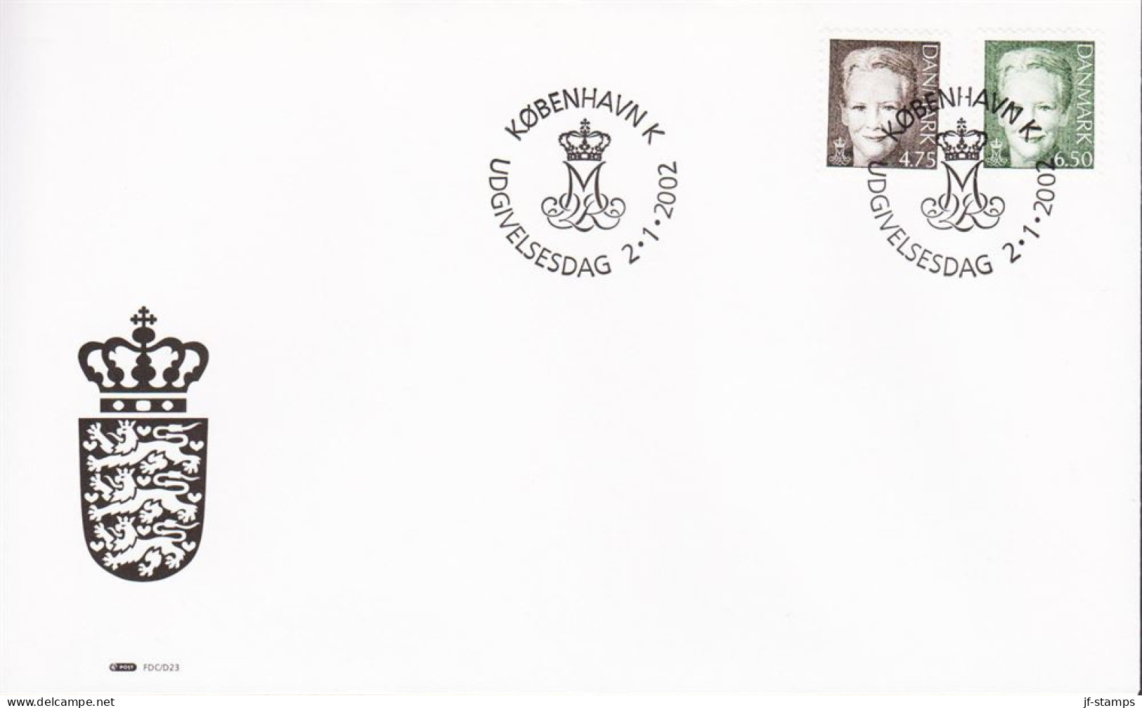 2002. DANMARK. Margrethe 4,75 And 6,50 Kr. On FDC 2.1.2002.  (Michel 1296-1297) - JF544766 - Briefe U. Dokumente