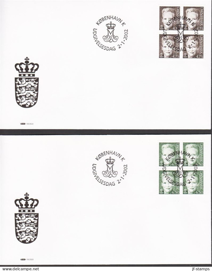 2002. DANMARK. Margrethe 4,75 And 6,50 Kr. In 4blocks On FDC 2.1.2002.  (Michel 1296-1297) - JF544767 - Storia Postale