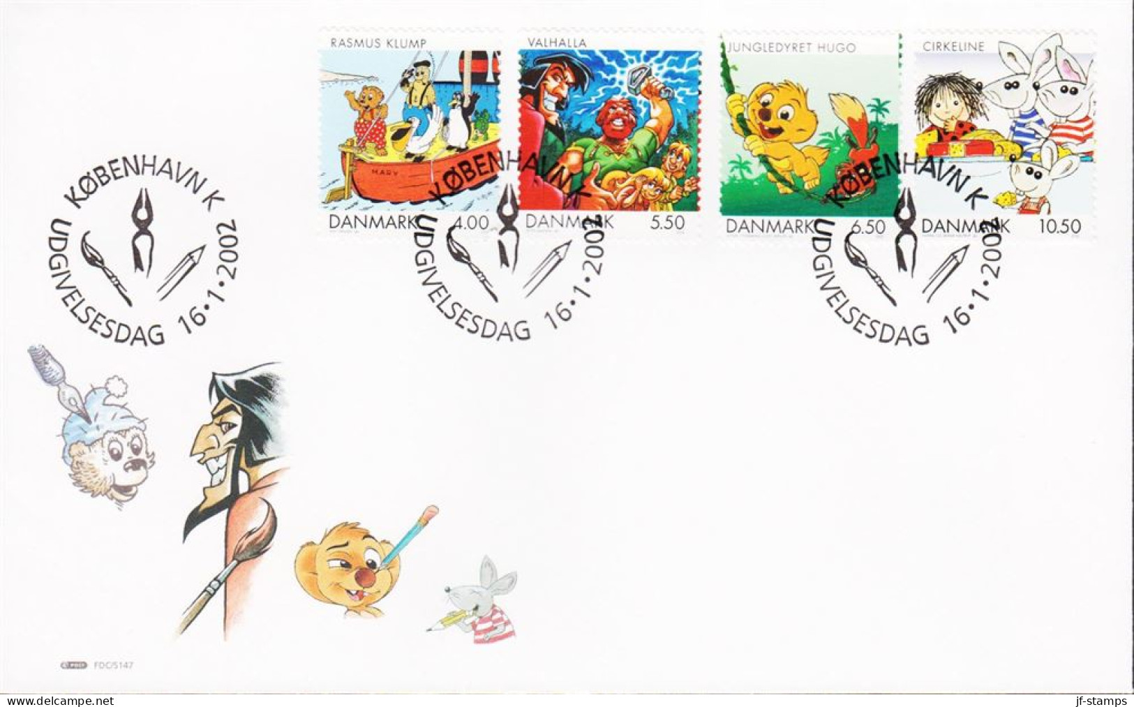 2002. DANMARK. Comics For Children Complete Set On FDC 16.1.2002.  (Michel 1299-1302) - JF544770 - Storia Postale