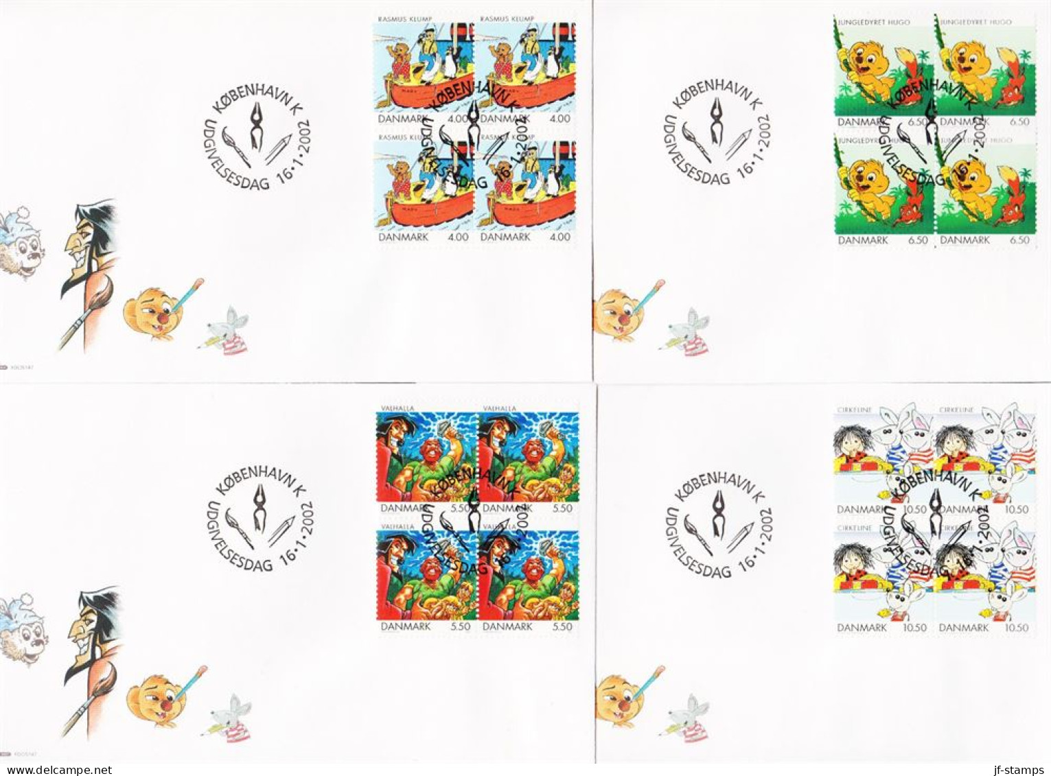 2002. DANMARK. Comics For Children Complete Set In 4blocks On FDC 16.1.2002.  (Michel 1299-1302) - JF544771 - Lettres & Documents