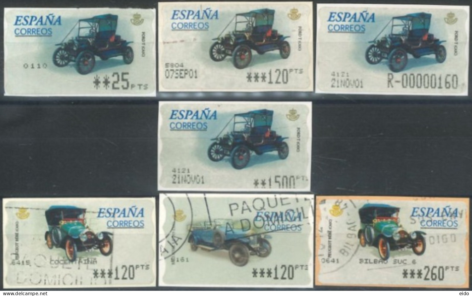 SPAIN- 2001, CARS STAMPS LABELS SET OF 7, DIFFERENT VALUES, USED. - Gebruikt