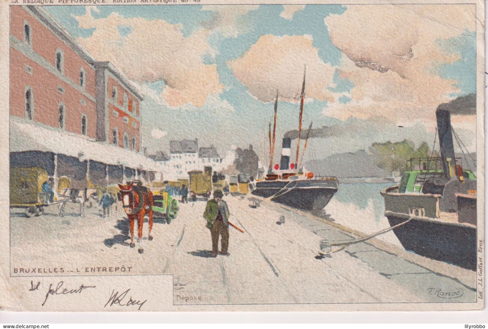 BELGIUM - Artist Signed Ranoe - Bruxelles L'Entrepot With Ships. Undivided Rear And Used To Paris - Transport (sea) - Harbour