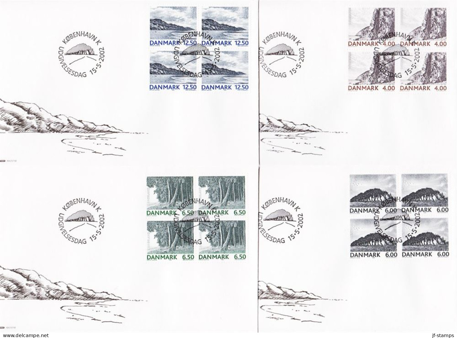 2002. DANMARK. LANDSCAPES Complete Set In 4blocks On FDC 15.5.2002.  (Michel 1306-1309) - JF544779 - Briefe U. Dokumente