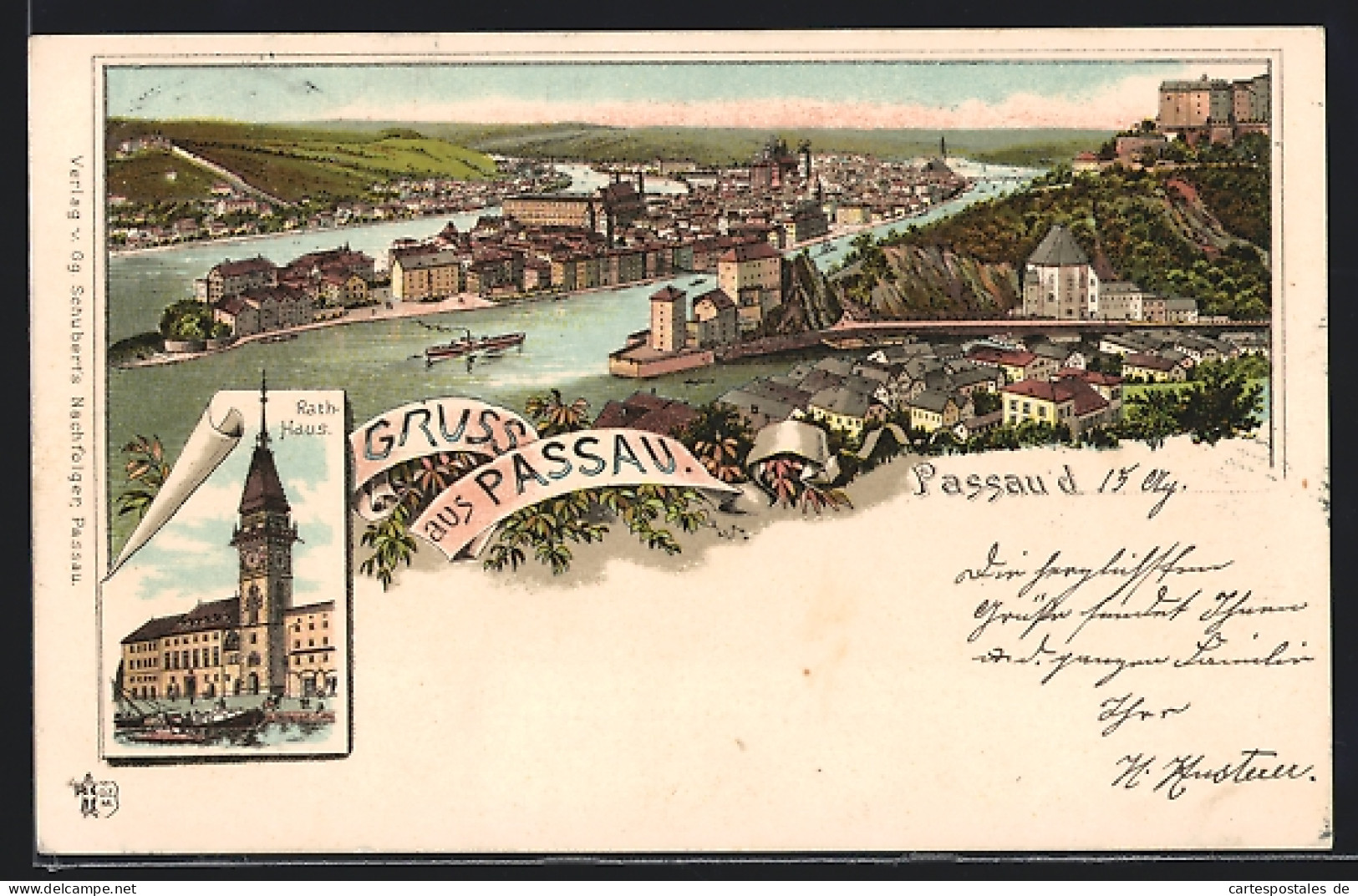 Lithographie Passau, Rathaus, Gesamtansicht, Dampfer  - Passau