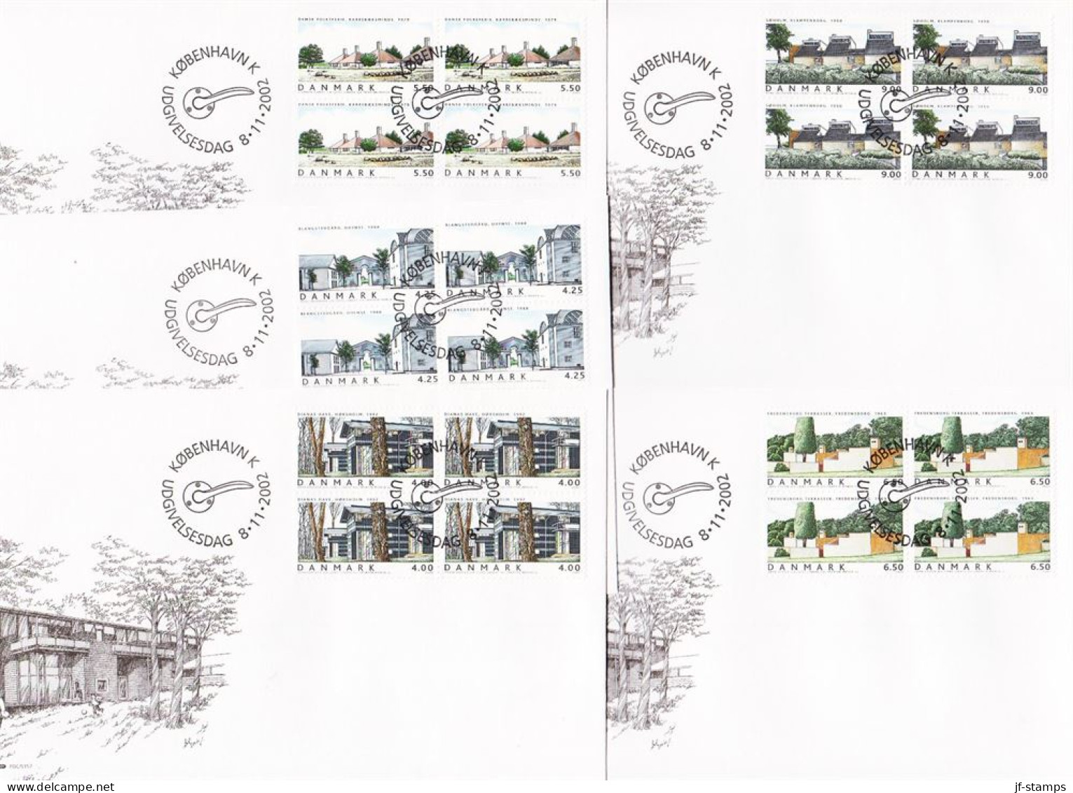 2003. DANMARK. BUILDINGS Complete Set In 4blocks On FDC 27.8.2003.  (Michel 1343-1347) - JF544789 - Lettres & Documents