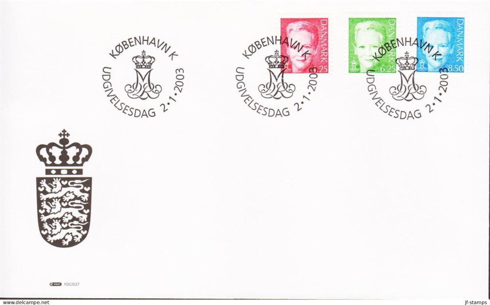 2003. DANMARK. Margrethe Complete Set With 4,25 + 6,25 And 8,50 On FDC 15.1.2003.  (Michel 1327-1329) - JF544792 - Lettres & Documents