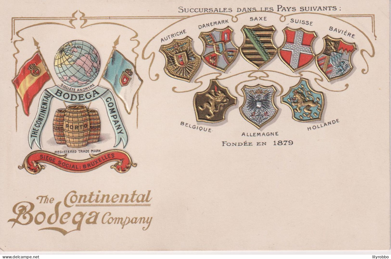 BELGIUM - ADvertising THE CONTINENTAL BODEGA COMPANY. With Country Crests. Embossed & Undivided Rear - Publicité