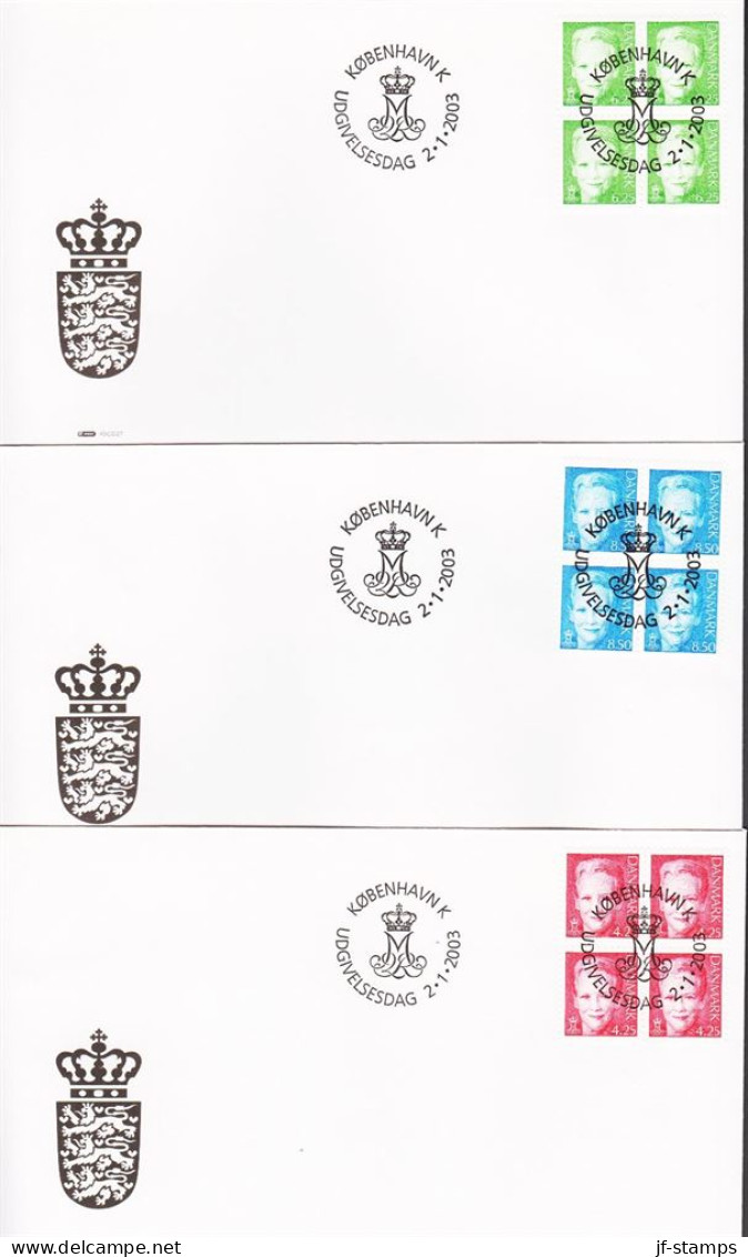 2003. DANMARK. Margrethe Complete Set With 4,25 + 6,25 And 8,50 In 4blocks On FDC 15.1.... (Michel 1327-1329) - JF544793 - Covers & Documents