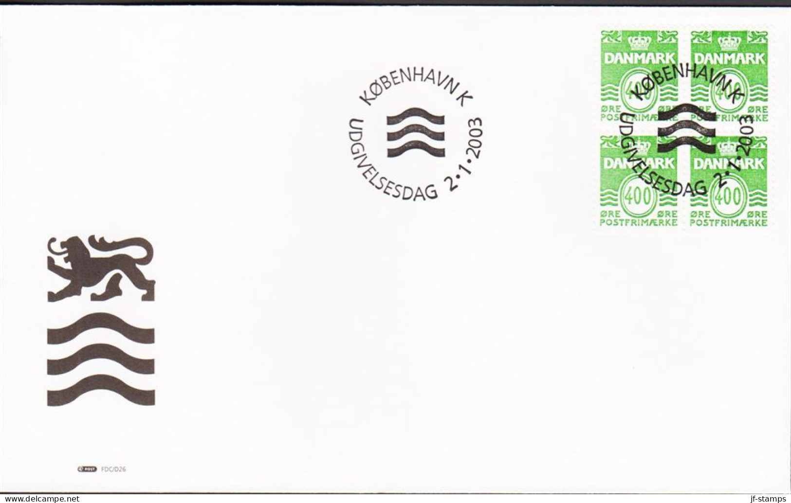 2003. DANMARK. 400 ØRE In 4block On FDC 2.1.2003.  (Michel 1326) - JF544795 - Lettres & Documents