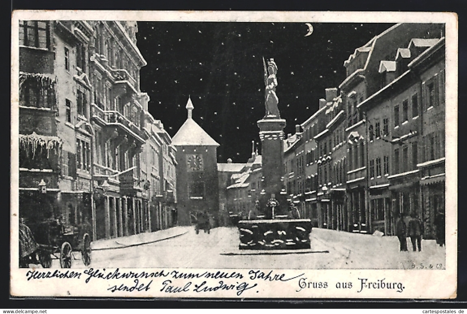 AK Freiburg / Breisgau, Strassenpartie Mit Brunnen Im Winter  - Freiburg I. Br.