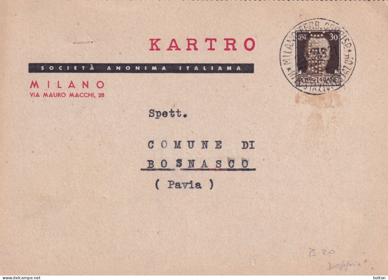 1936  Cartolina Da Milano Affrancata Con PERFIN  KARTRO  Più Cartolina Di Ritorno Affrancata Perfin E Non Utilizzata - Marcofilía