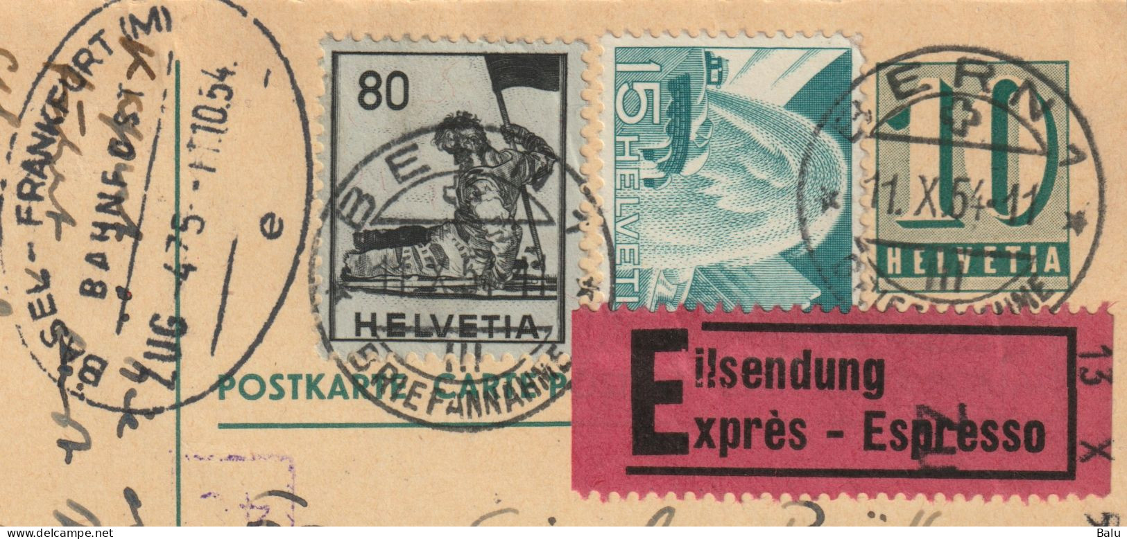 Schweiz 1954 Ganzsache Ziffer 10, Zusatzfrankaturen 80 + 15, Eilzustellung, Bahnpoststempel, Nachgesendet, 2 Scans - Interi Postali
