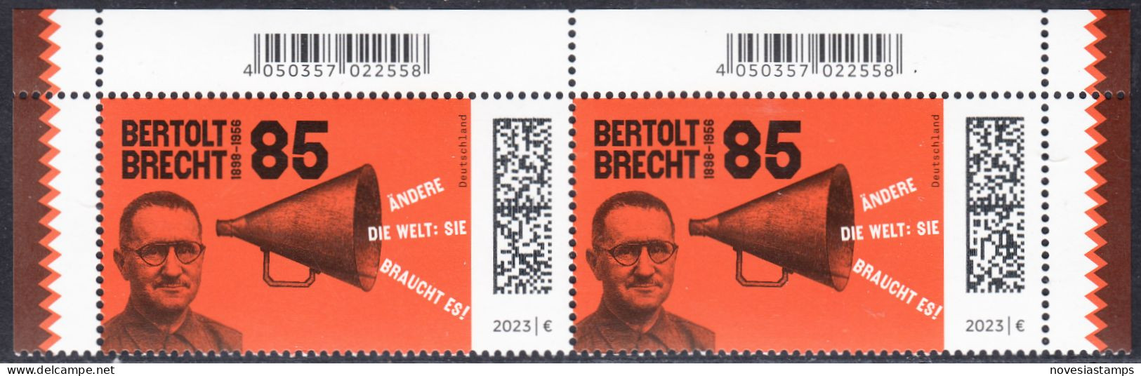 !a! GERMANY 2023 Mi. 3749 MNH Horiz.PAIR From Upper Right & Left Corners - Bertold Brecht, Dramatist - Unused Stamps