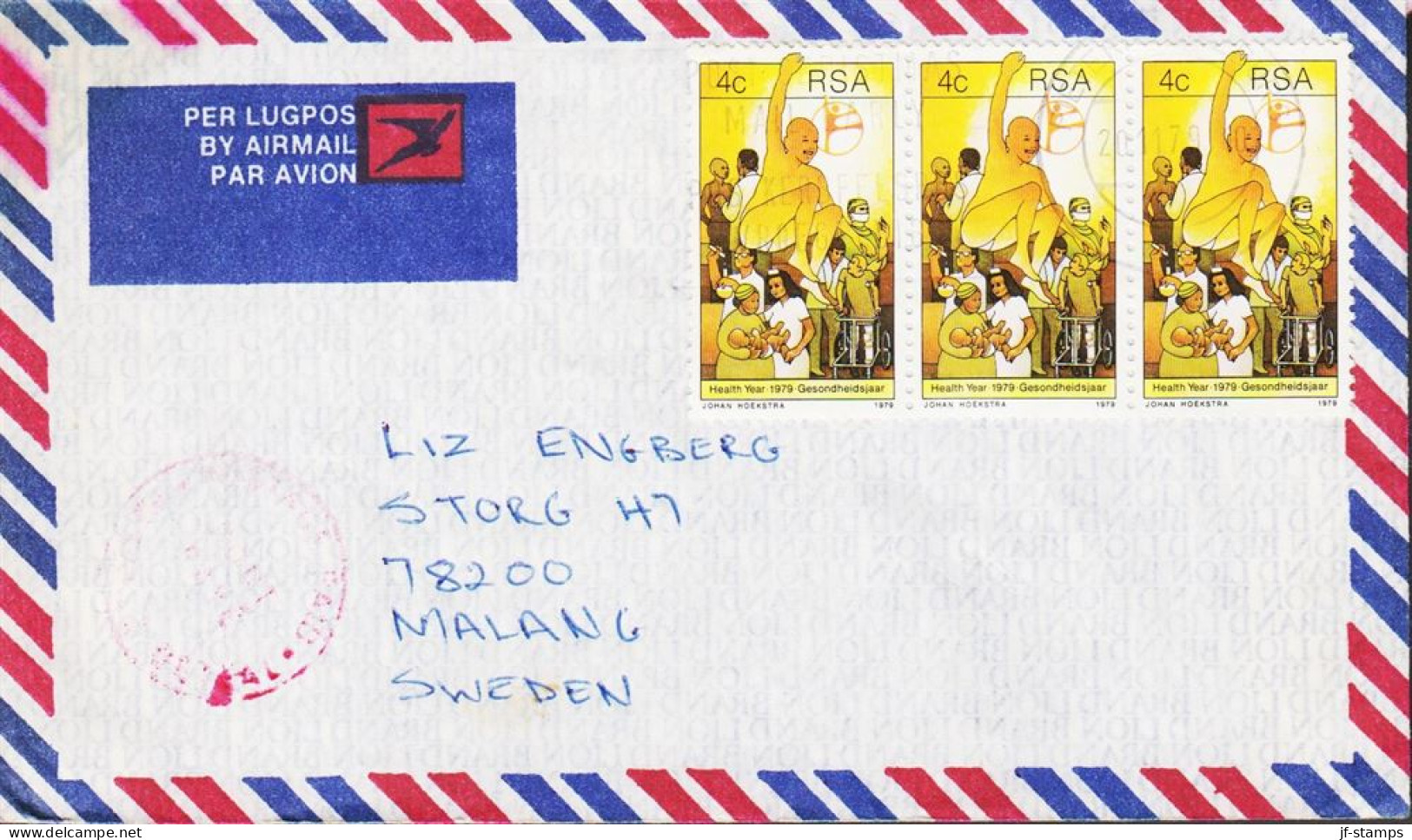 1979. SOUTH AFRICA. Fine Small AIRMAIL Envelope To Malang, Sweden With 3stripe 4 C Health Yea... (Michel 559) - JF544806 - Briefe U. Dokumente