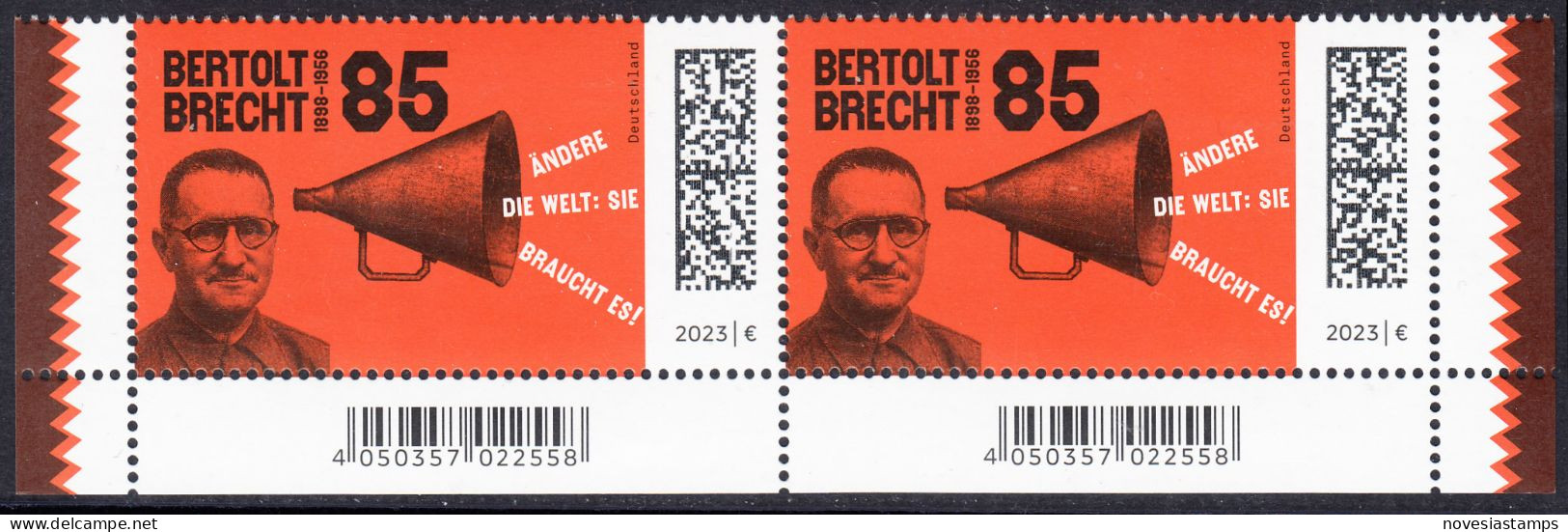 !a! GERMANY 2023 Mi. 3749 MNH Horiz.PAIR From Bottom Right & Left Corners - Bertold Brecht, Dramatist - Unused Stamps