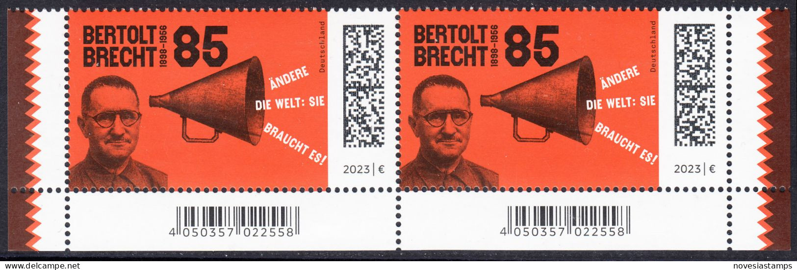 !a! GERMANY 2023 Mi. 3749 MNH Horiz.PAIR From Bottom Right & Left Corners - Bertold Brecht, Dramatist - Nuevos