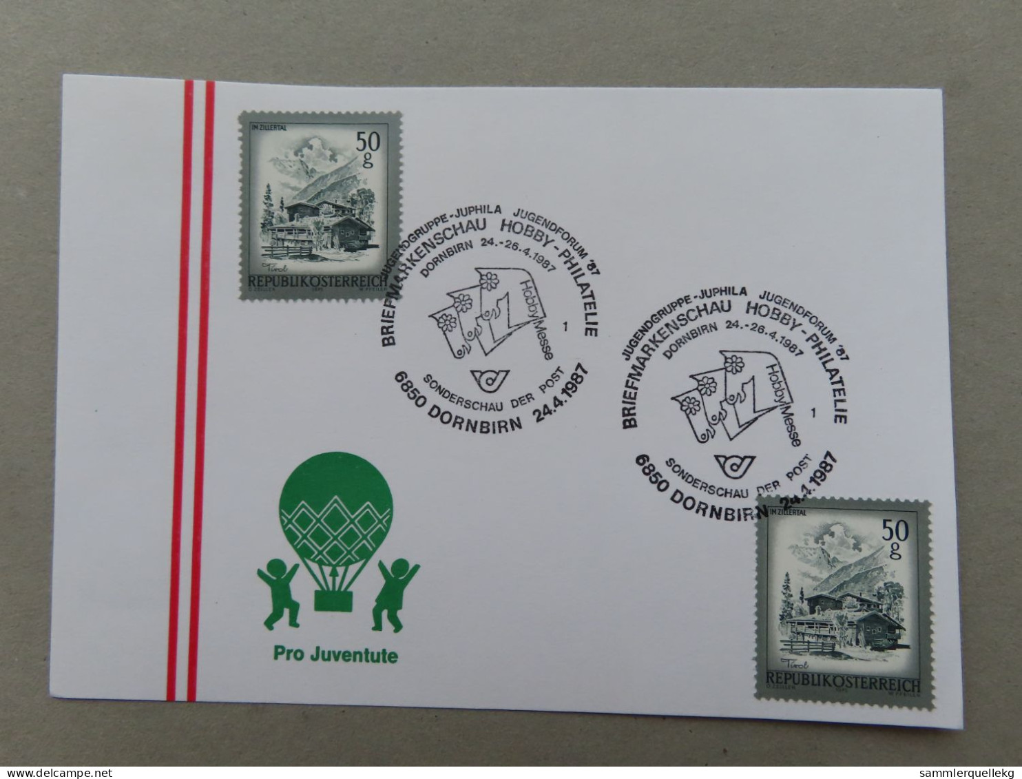 Österreich Pro Juventute - Mit Sonderstempel 24. 4. 1987 Dornbirn, Briefmarkenschau-Hobby-Philatelie (Nr.1044) - Autres & Non Classés