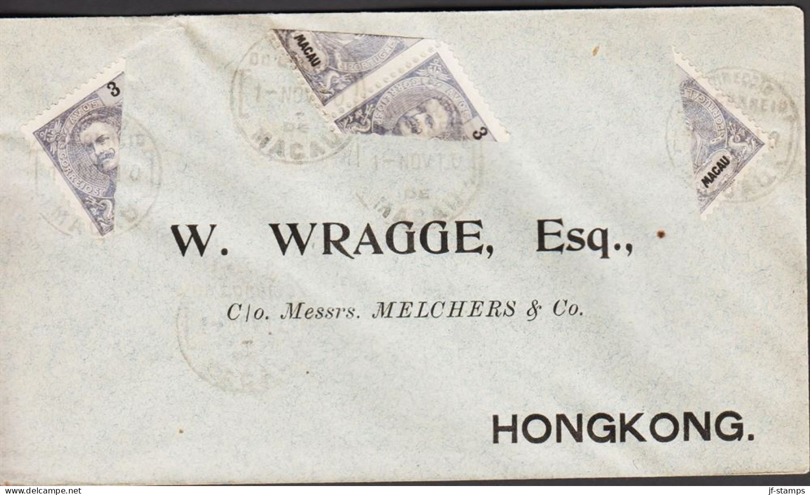 1910. MACAU. Pair And 2 Single 3 Cents Carlos I Bisected On Beautiful Small Cover To Hong K... (Michel A 129) - JF544815 - Cartas & Documentos