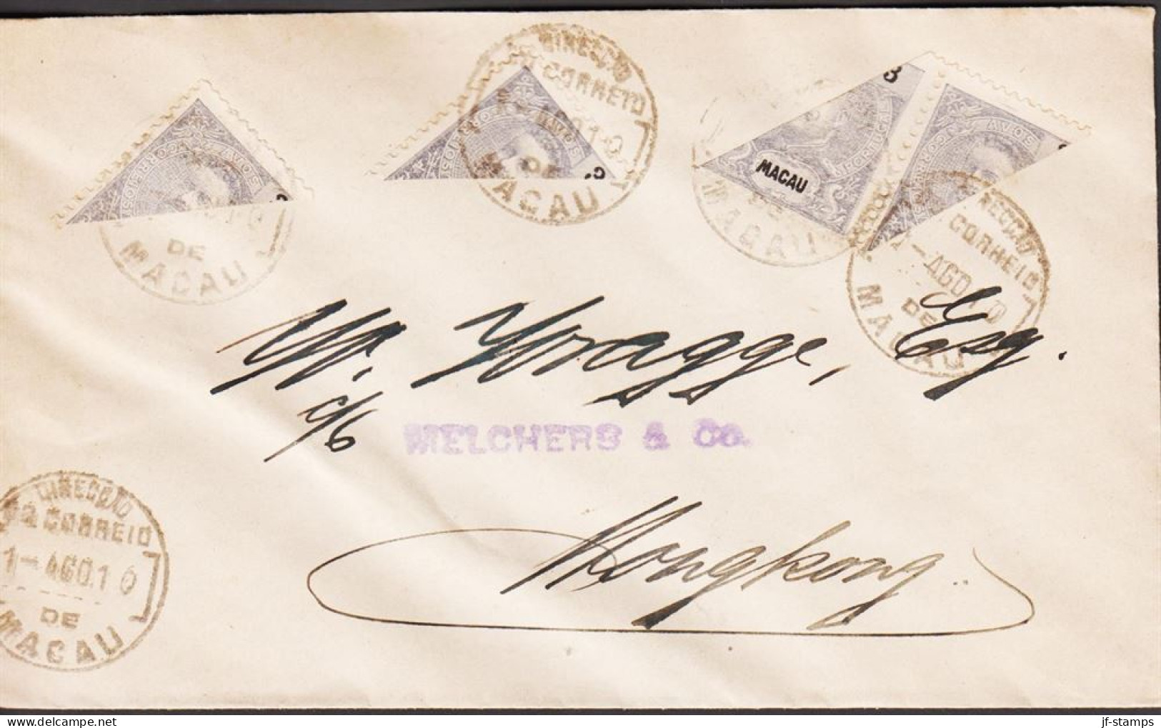 1910. MACAU. Pair And 2 Single 3 Cents Carlos I Bisected On Beautiful Small Cover To Hong K... (Michel A 129) - JF544816 - Brieven En Documenten