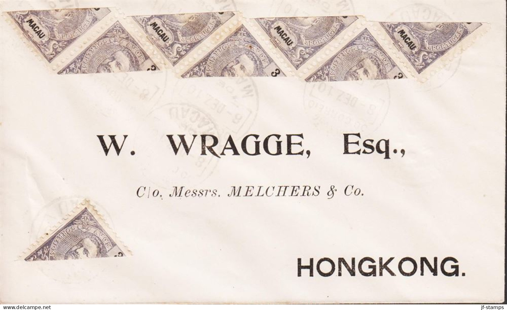 1910. MACAU. 7STRIPE And Single 3 Cents Carlos I Bisected On Beautiful Small Cover To Hong ... (Michel A 129) - JF544817 - Briefe U. Dokumente